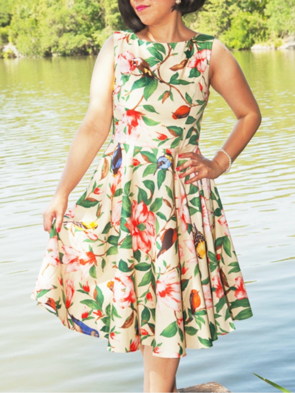 Grace Karin Cream Midi Dress with Green Leaves & Pink Floral Print